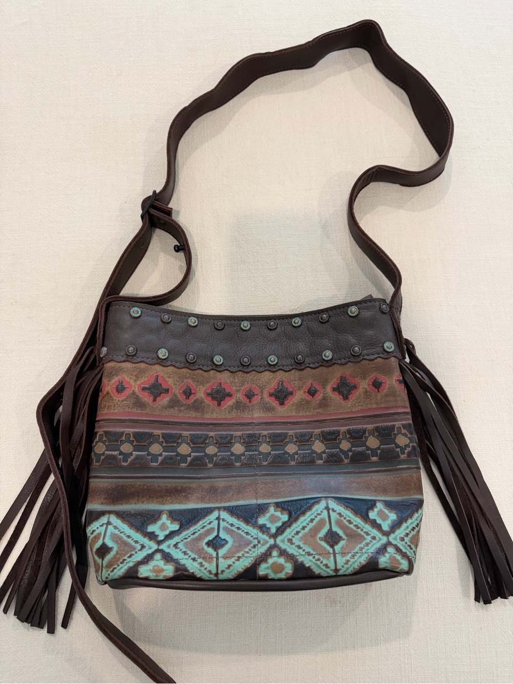 Boho Fringe Crossbody Bag in Brown with Turquoise Accents